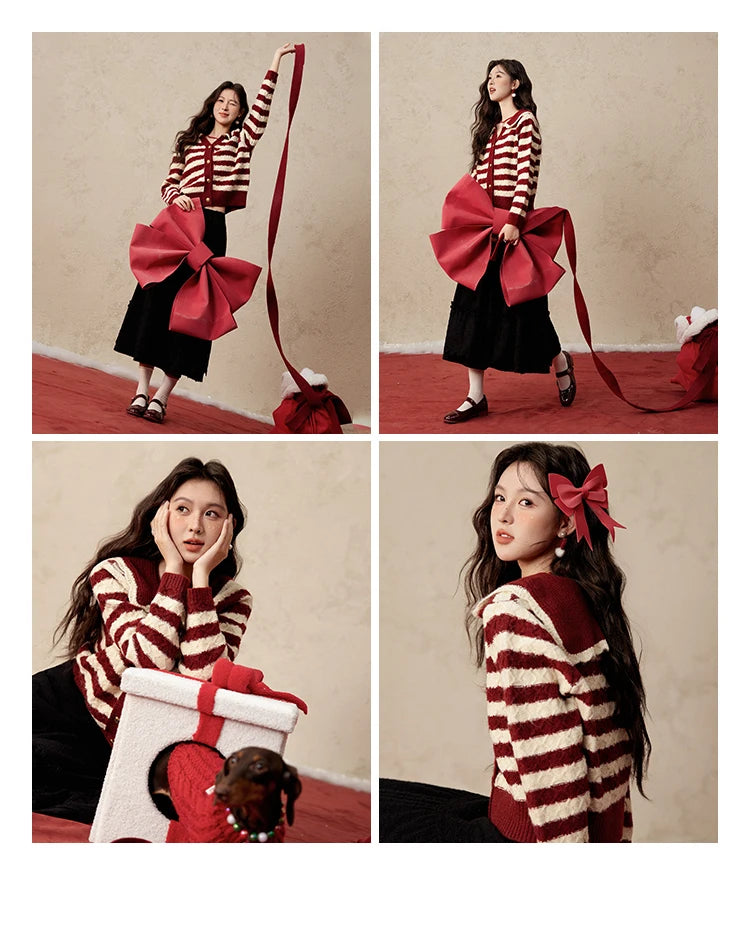 Mishow Christmas Red Striped Wool Blend Cropped Cardigan MXD58Z1038