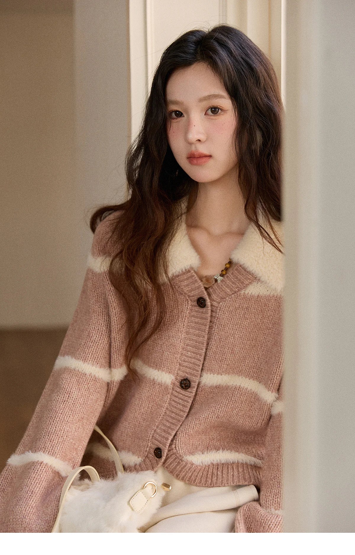 Mishow Faux Mink Turn-Down Collar Striped Cardigan MXE89Z2668