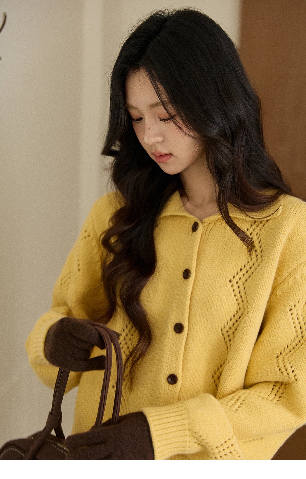 Mishow Yellow Hollow Pattern Lapel Cardigan MXE94Z2961