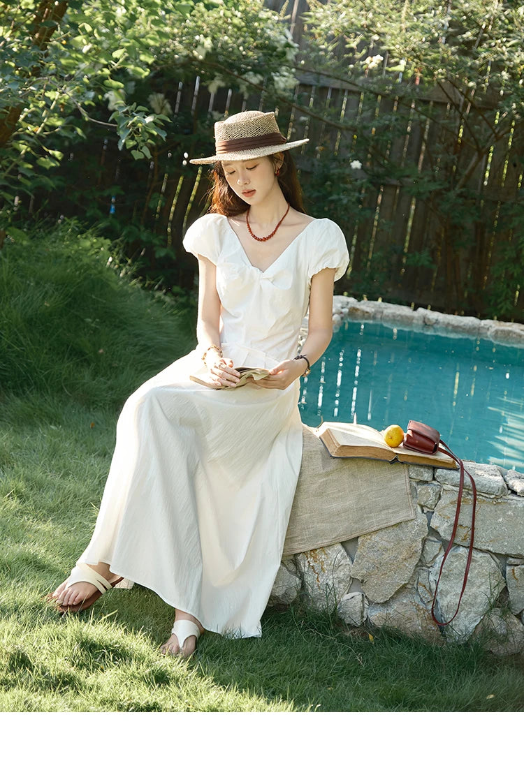 Mishow V-Neck Puff Sleeve Solid Vacation Dress MXE39L2384