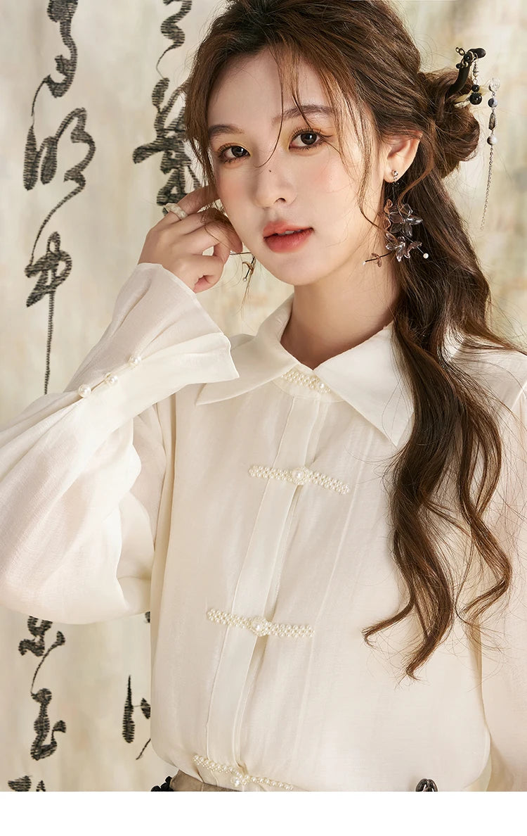 MISHOW Chinese Lapel Shirt Pearl Embellishments Petal Sleeve MXD11X1344