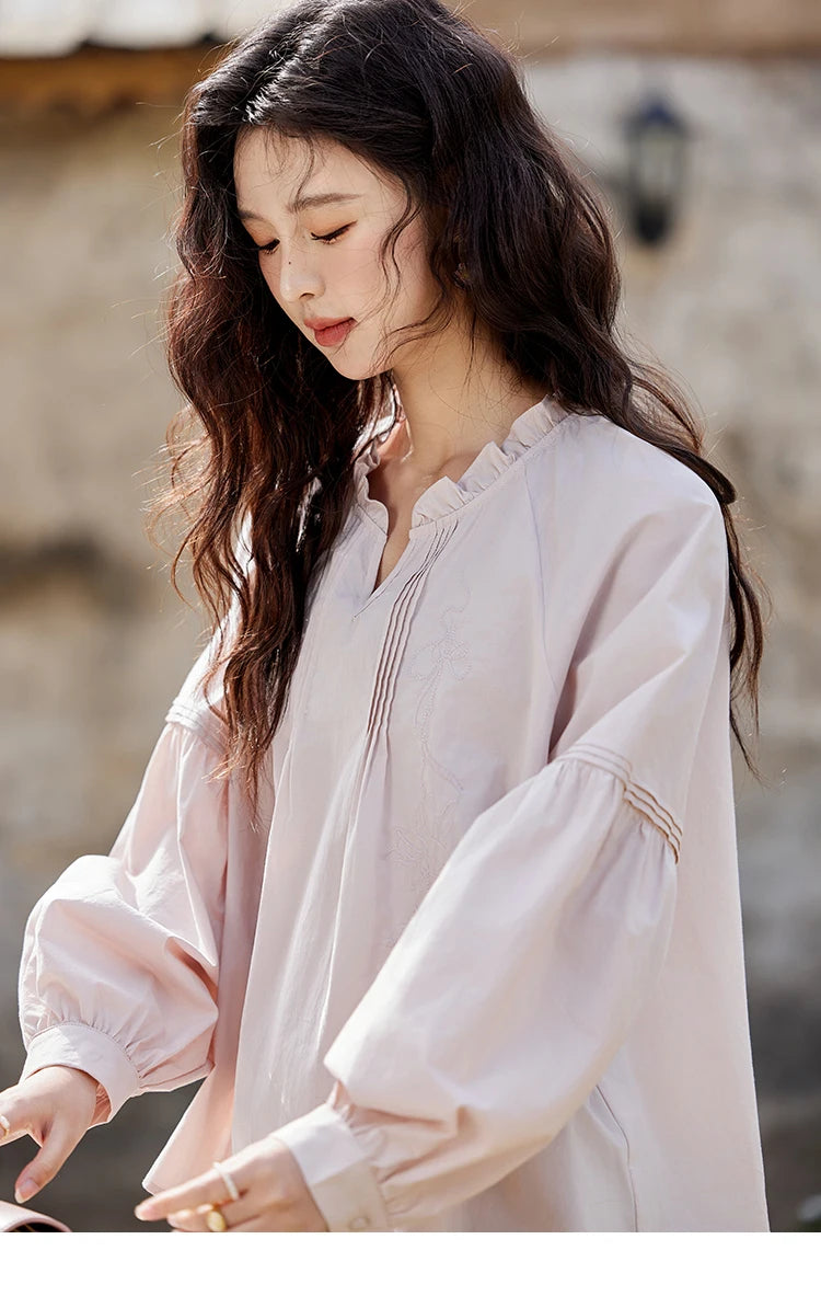 MISHOW Pink Cotton Ruffled Blouse Loose Long Sleeve MXE13X1699