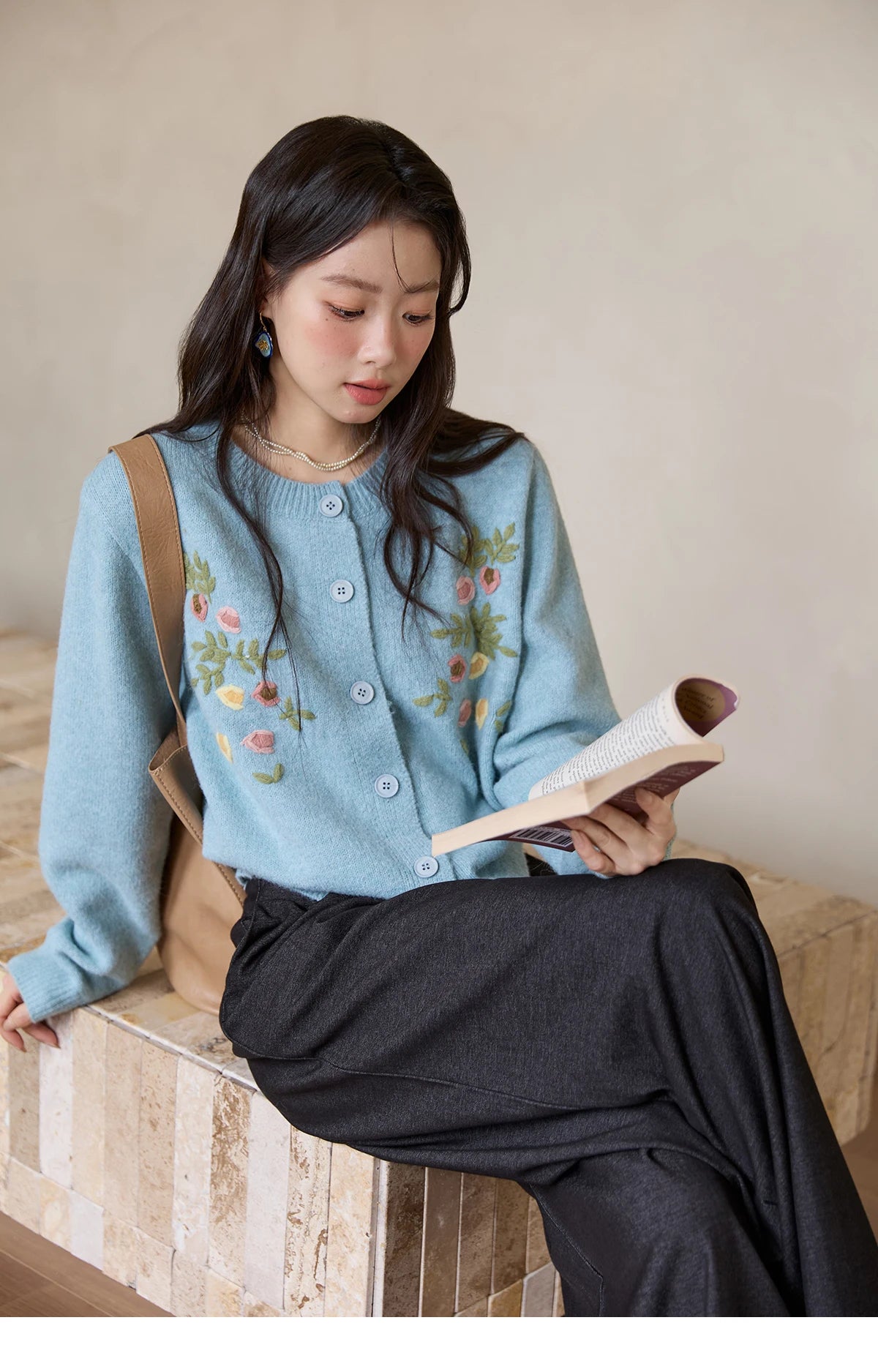 Mishow Blue Floral Embroidered Wool Cardigan MXE51Z2695