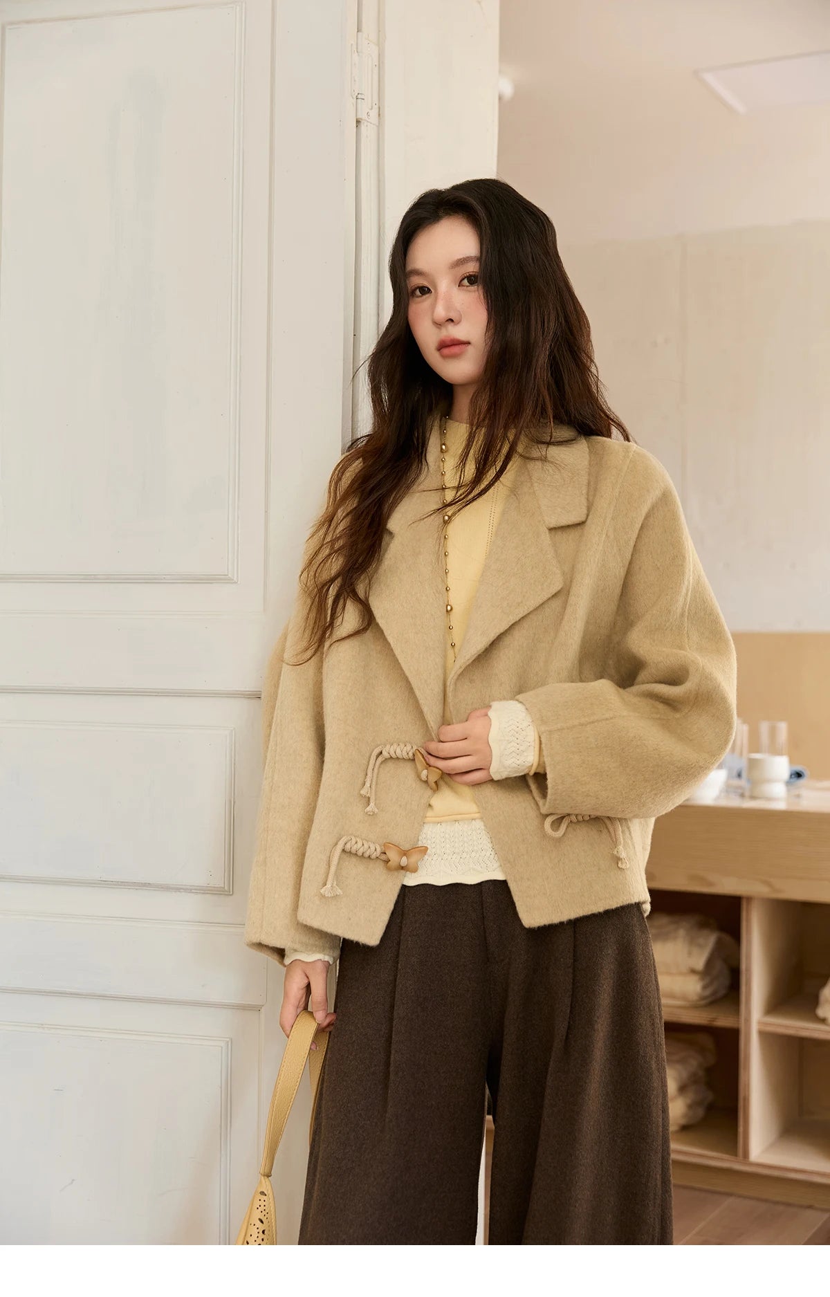 Mishow 100% Wool Retro Apricot Double-Faced Butterfly Button Coat MXE51W0887
