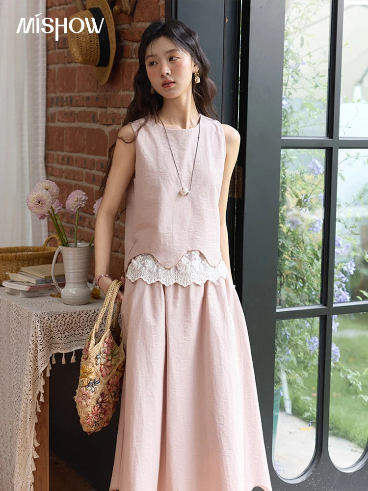 Mishow O-Neck Lace Patchwork Top & Elastic Waist Midi Skirt Set MXE36T0641