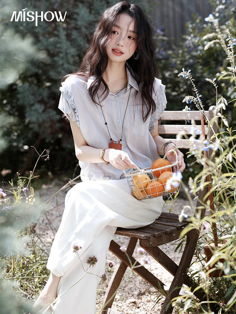 MISHOW Striped Short Sleeve Shirt Turn-Down Collar MXE38C2347