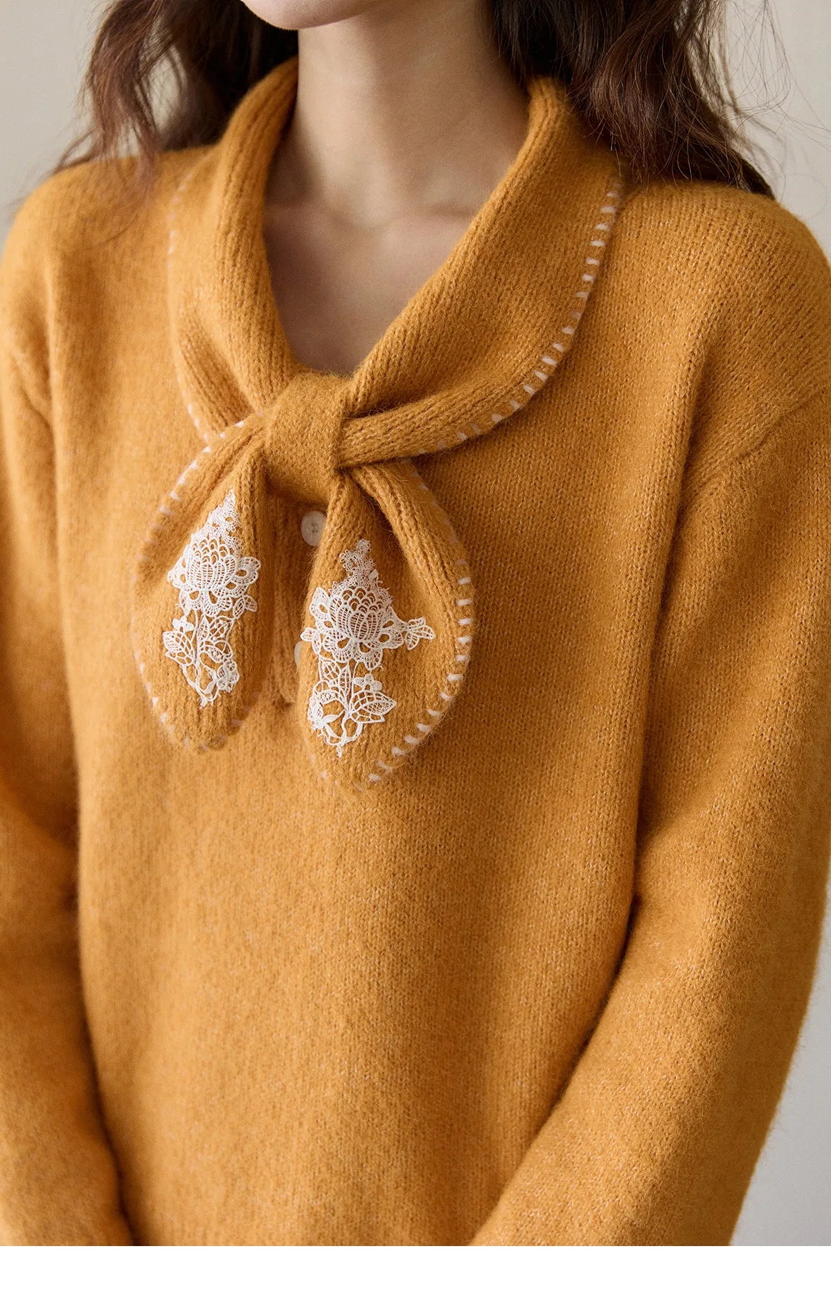 Mishow Yellow Bow Collar Lace Splicing Sweater MXE94Z2971