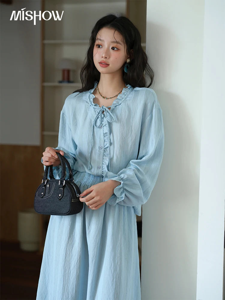 Mishow Light Blue Linen V-Neck Lace-Up Shirt & Elastic Skirt Set MXE41T0700