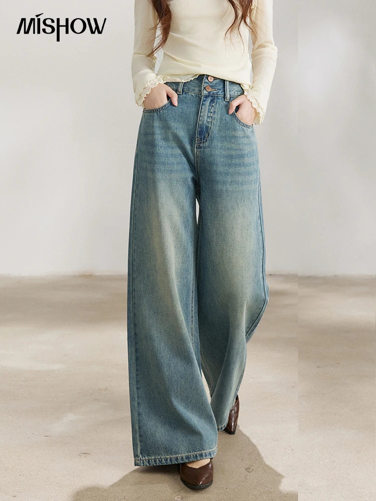 Mishow Vintage Blue Two-Button Wide Leg Jeans MXF108K1005