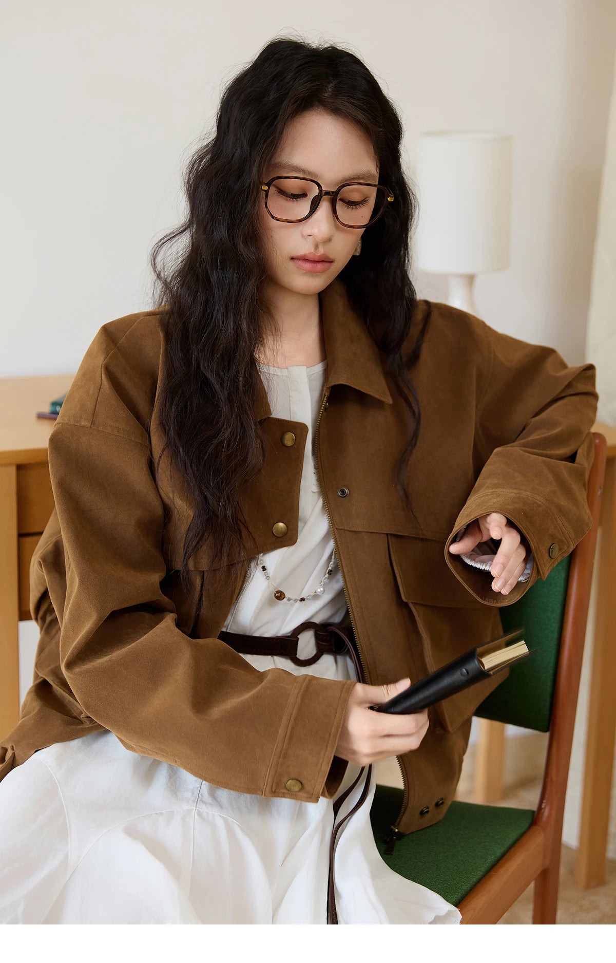 MISHOW Suede Retro Brown Jacket Pocket Zipper Loose Lapel MXE46W0866