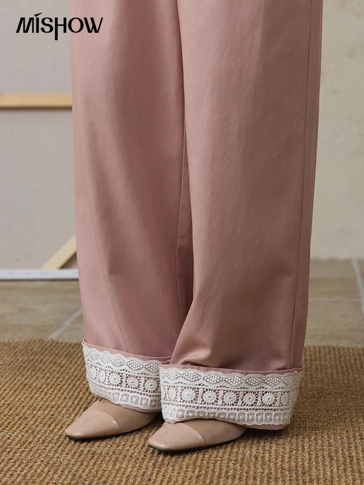 MISHOW Hem Lace Hollow Out Wide Leg Pants High Waist Pink MXE31K0900