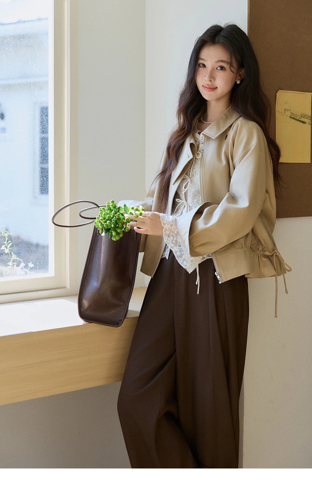 MISHOW Khaki Cropped Jacket Asymmetrical Collar Drawstring Waist MXF11W1029