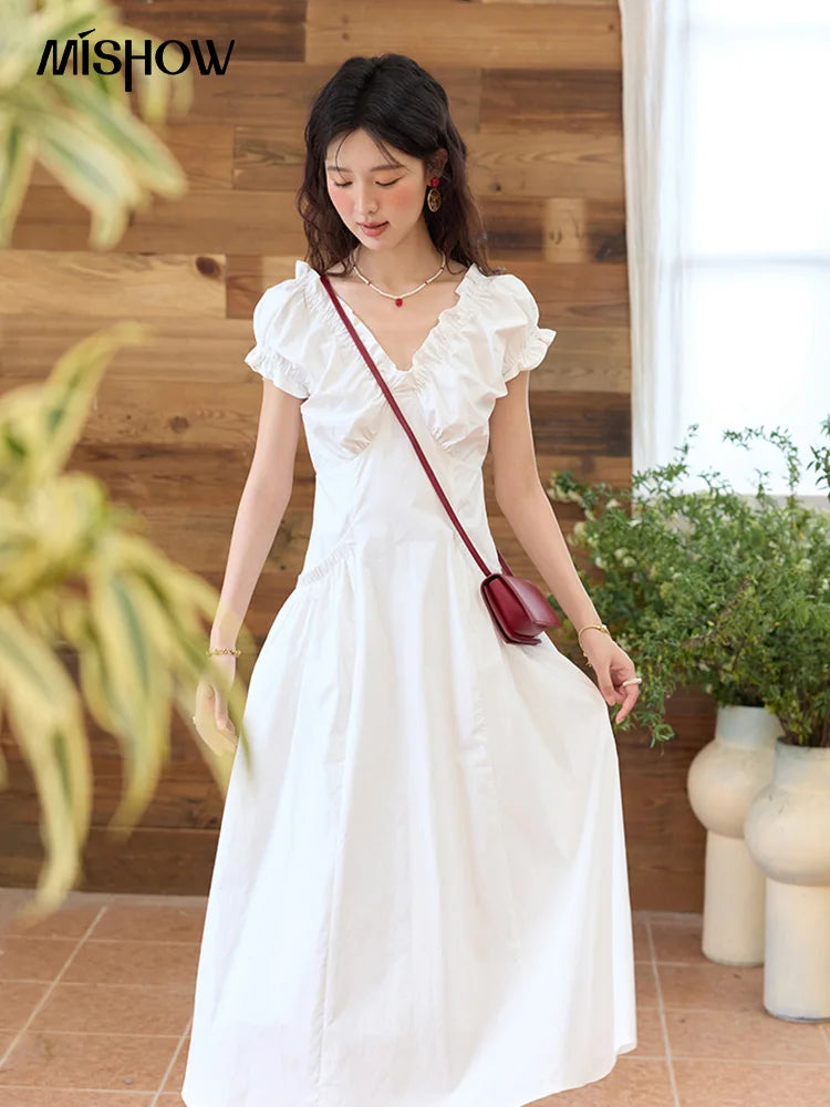 Mishow V-Neck Puff Sleeve Office Midi Dress MXD29L1934