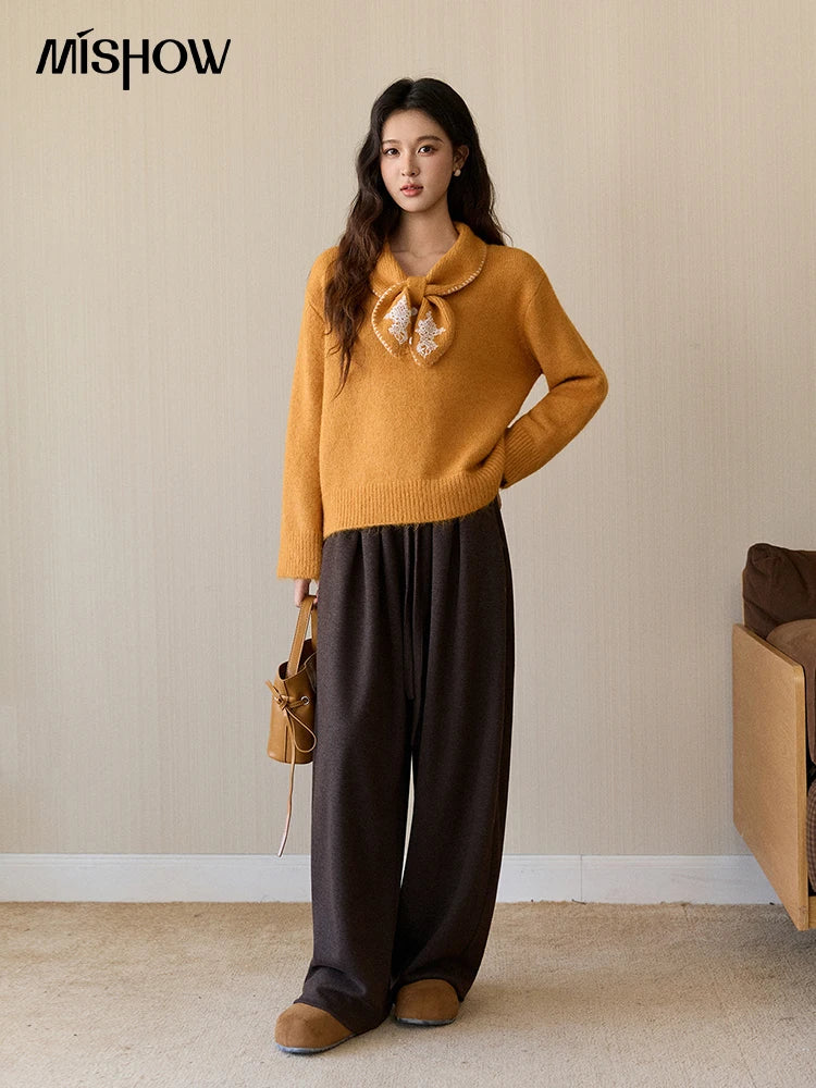 Mishow Yellow Bow Collar Lace Splicing Sweater MXE94Z2971