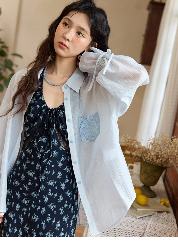 MISHOW Women's Patchwork Lace Shirt Lapel Drop Sleeve Drawstring Cuffs MXE31C0789