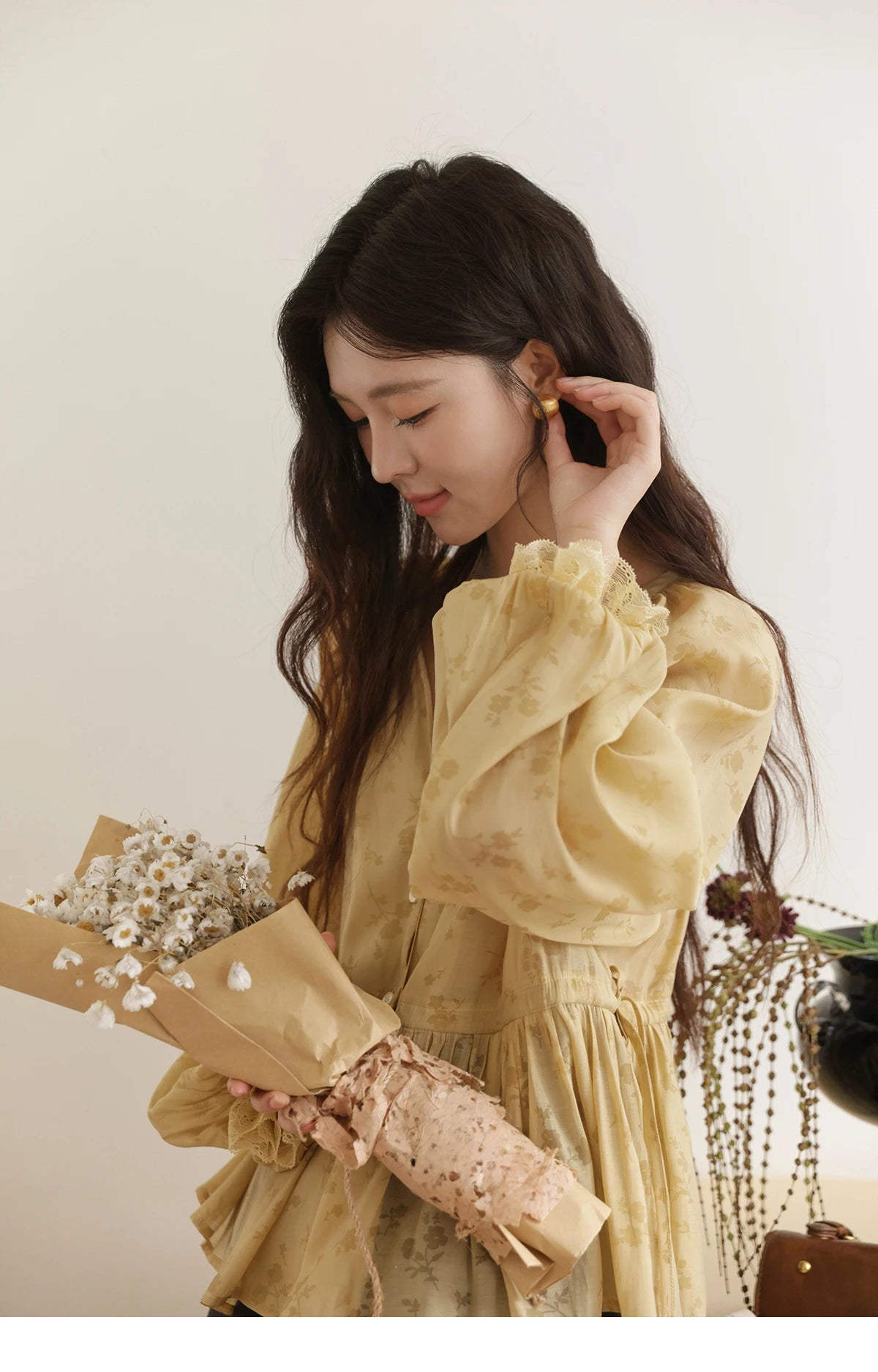 MISHOW Yellow Print Shirt Lantern Sleeve Drawstring Waist MXE45X2499