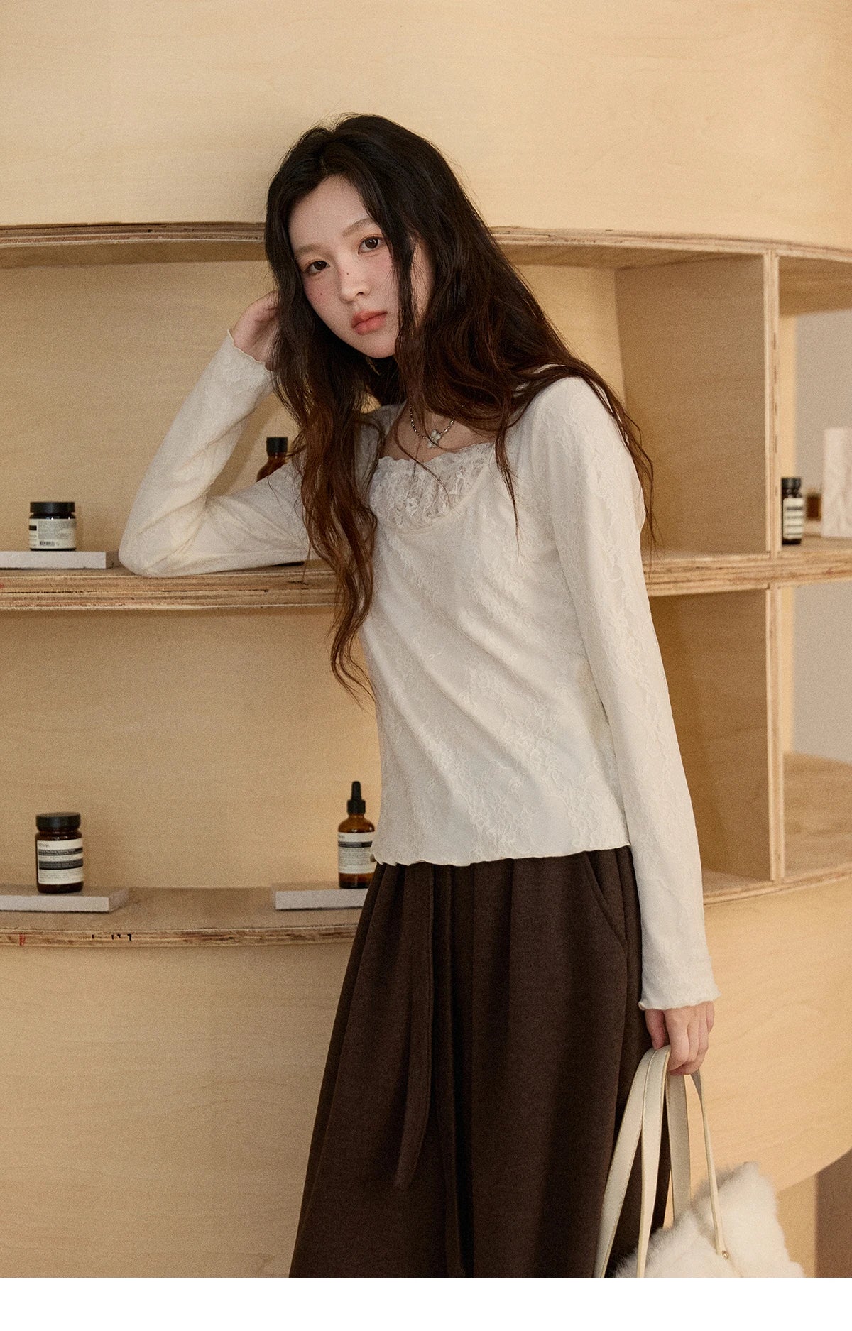 Mishow Beige Lace Patchwork Square Neck Top MXE91X2514