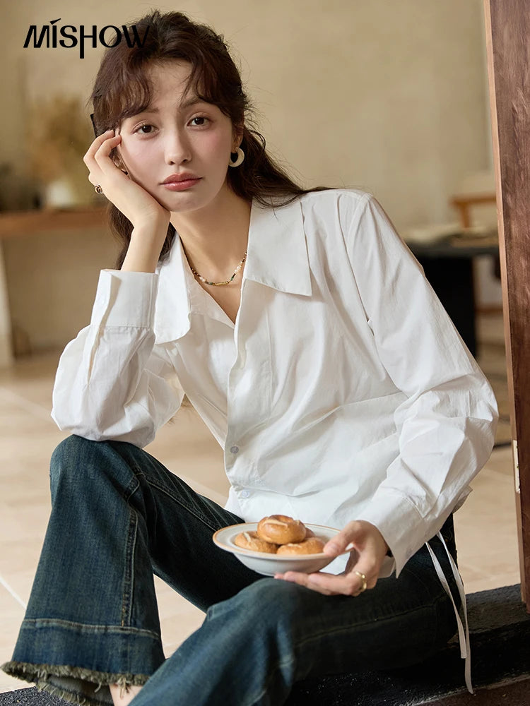 MISHOW French Side Placket Asymmetric Shirt Pleated Waist Lapel MXD45C0357