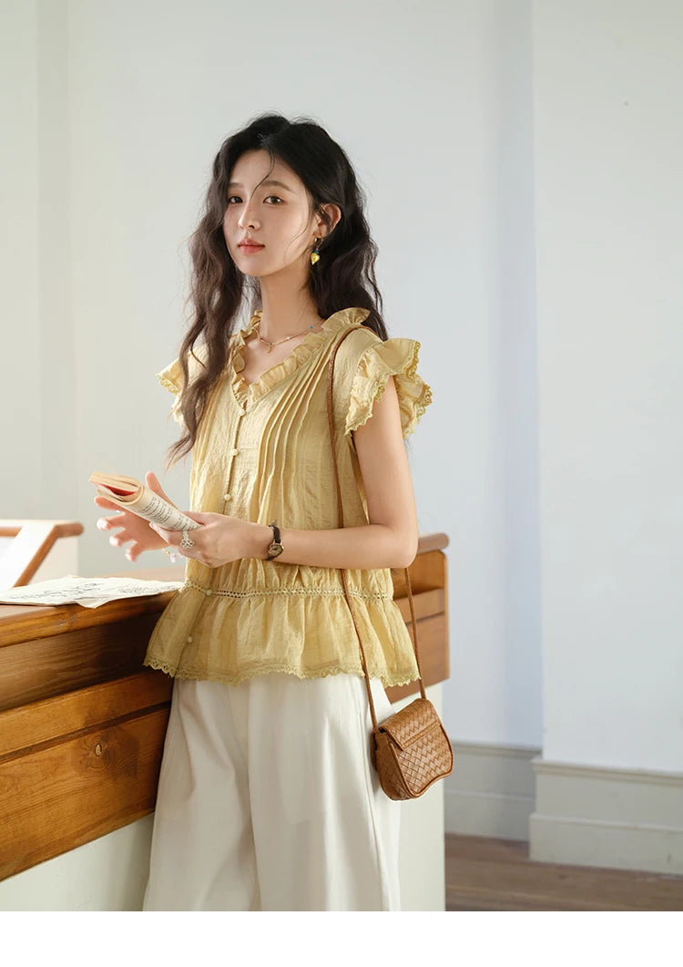 MISHOW Wood Ear V-Neck Shirt Flying Sleeve Wrinkle Spliced MXE37X1908