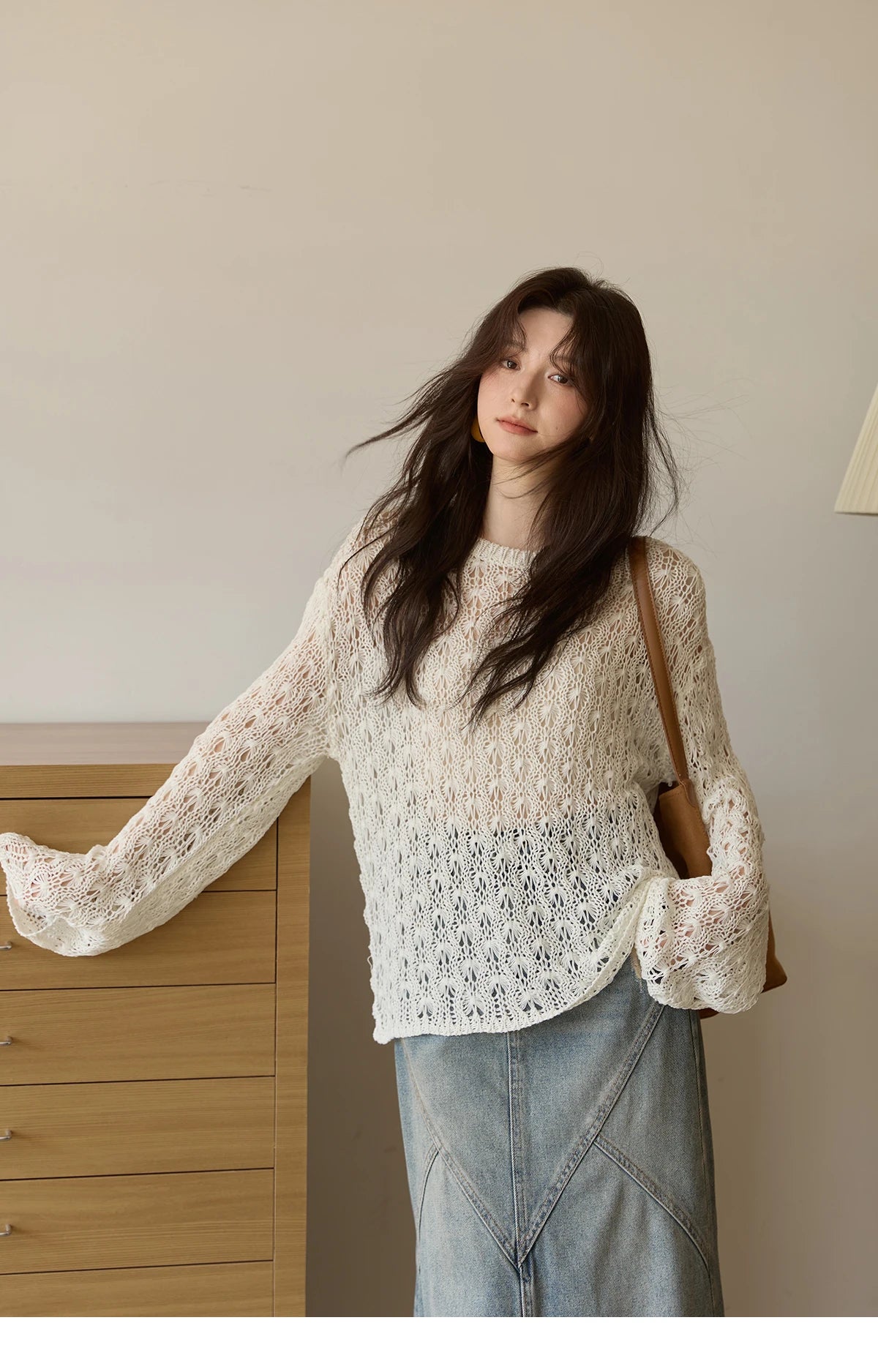 Mishow Hollow Jacquard Dropped Sleeve Sweater MXE43Z1360