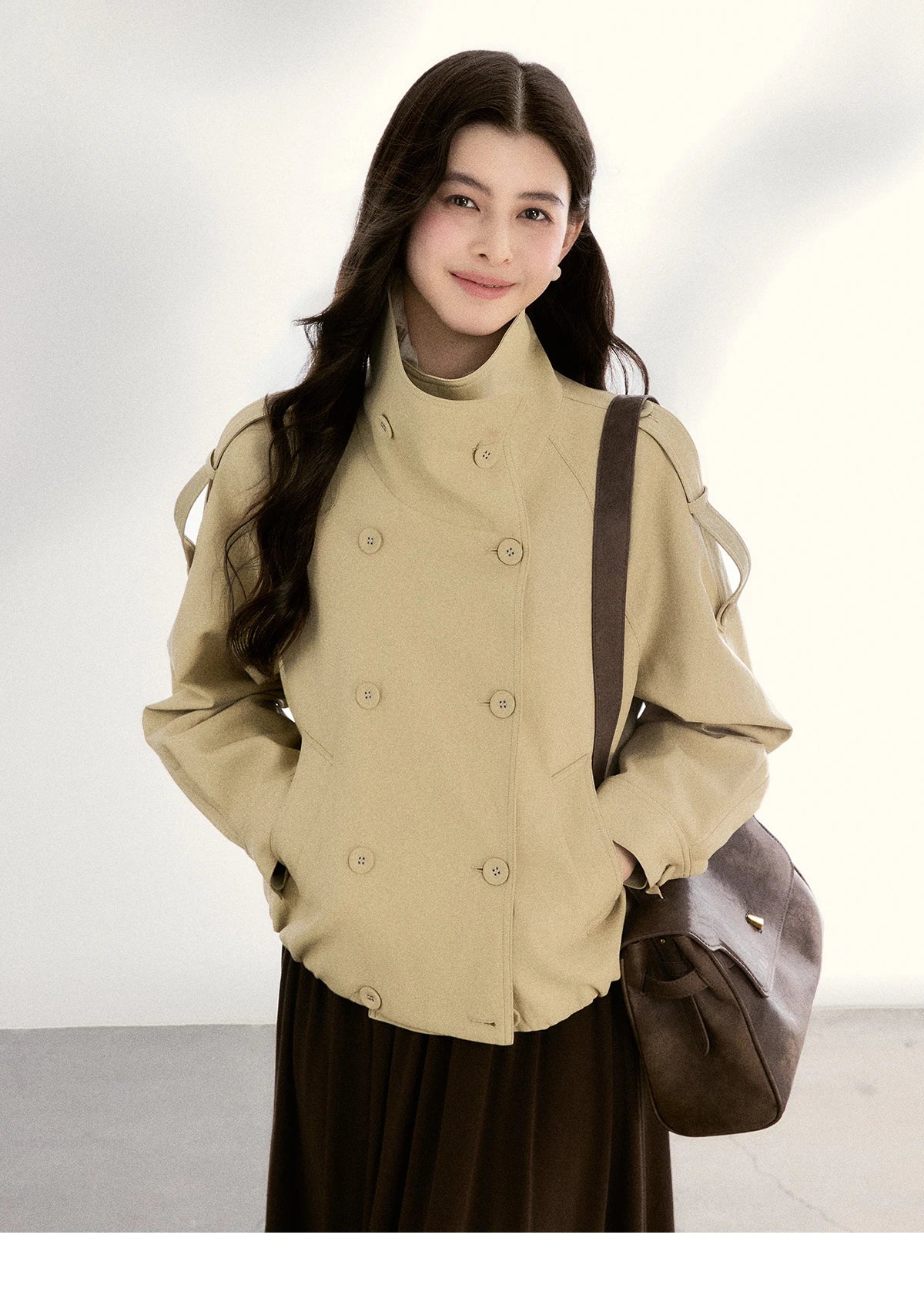 MISHOW Khaki Cropped Leather Jacket Lapel Stand Collar MXF108W1000