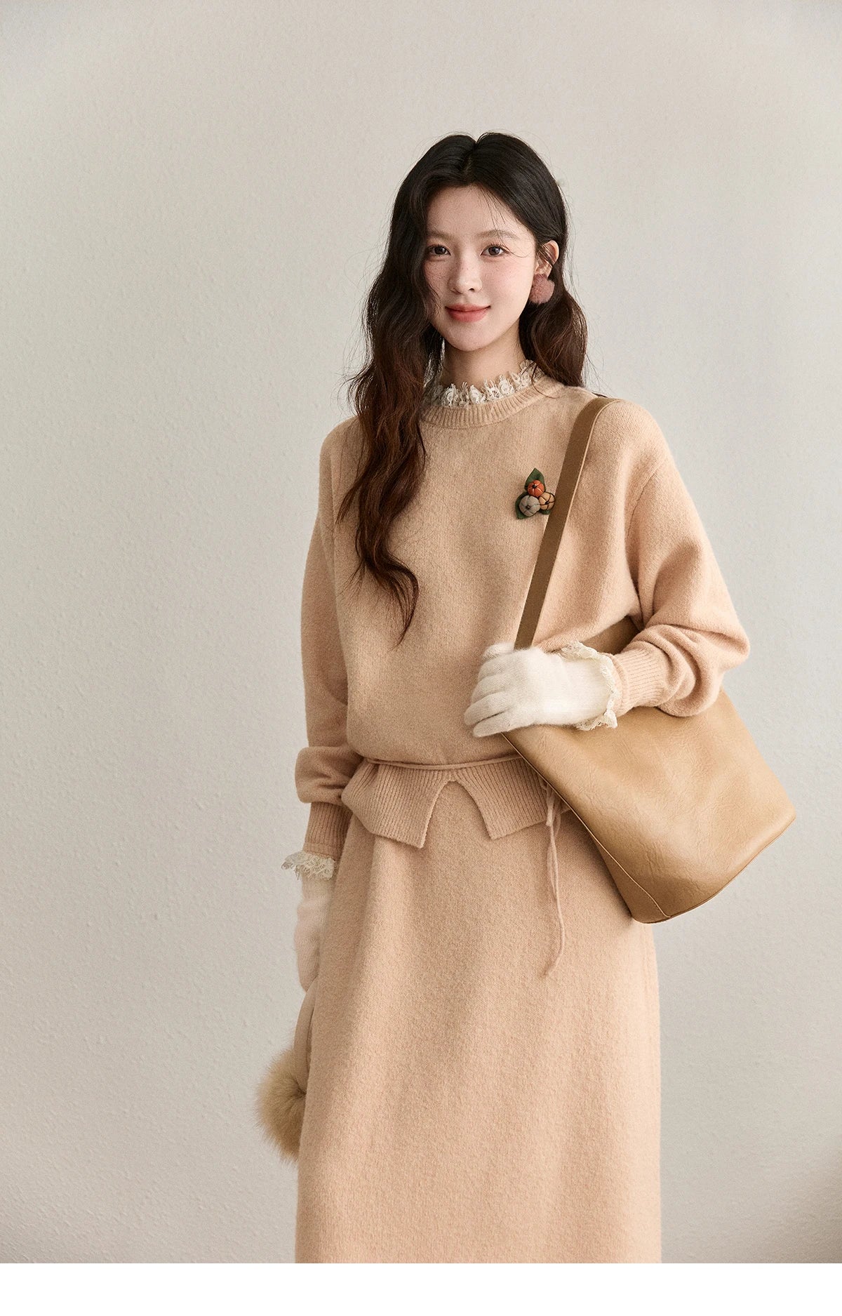 Mishow Lace Trim Knit Sweater & Back Split Midi Skirt Set MXE92T1450