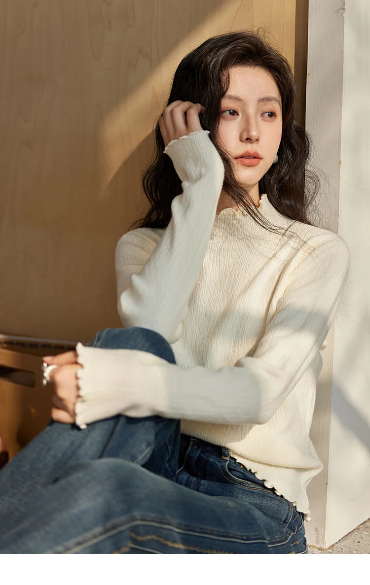 Mishow Ruffled Edge High Collar Slim Knit Top MXD48Z0850