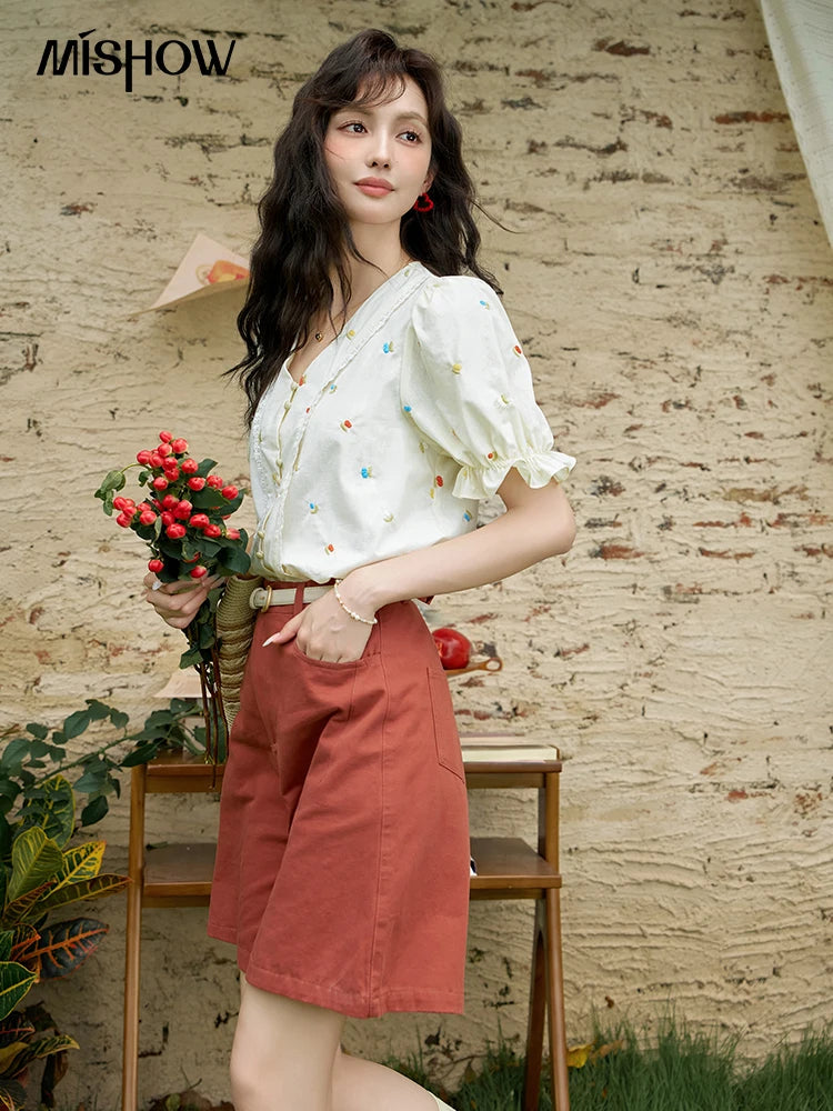 MISHOW 100% Cotton Square Neck Blouse Embroidered Lace Patchwork Puff Sleeve MXD22X1420