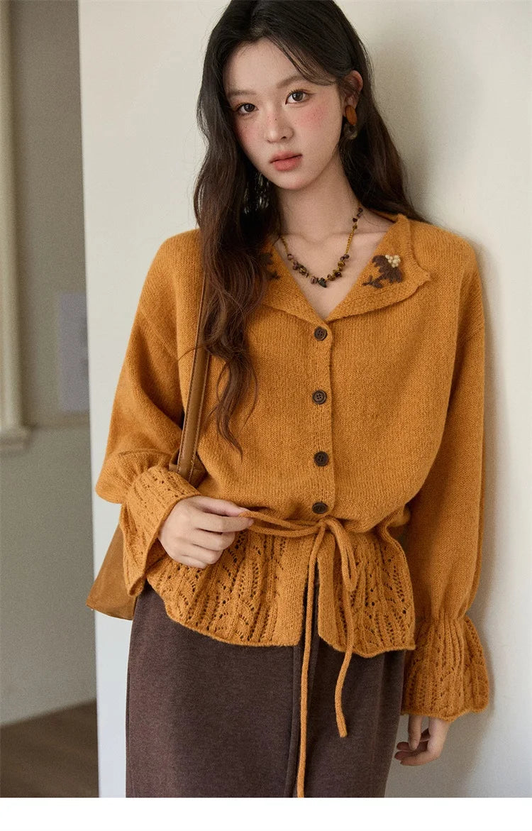 Mishow Orange Openwork Crochet Flared Sleeve Cardigan MXE87Z2685