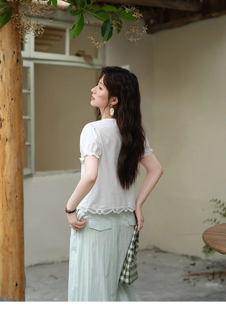 MISHOW 100% Cotton Hollow Embroidery Round Neck Puff Sleeve MXE39X1938