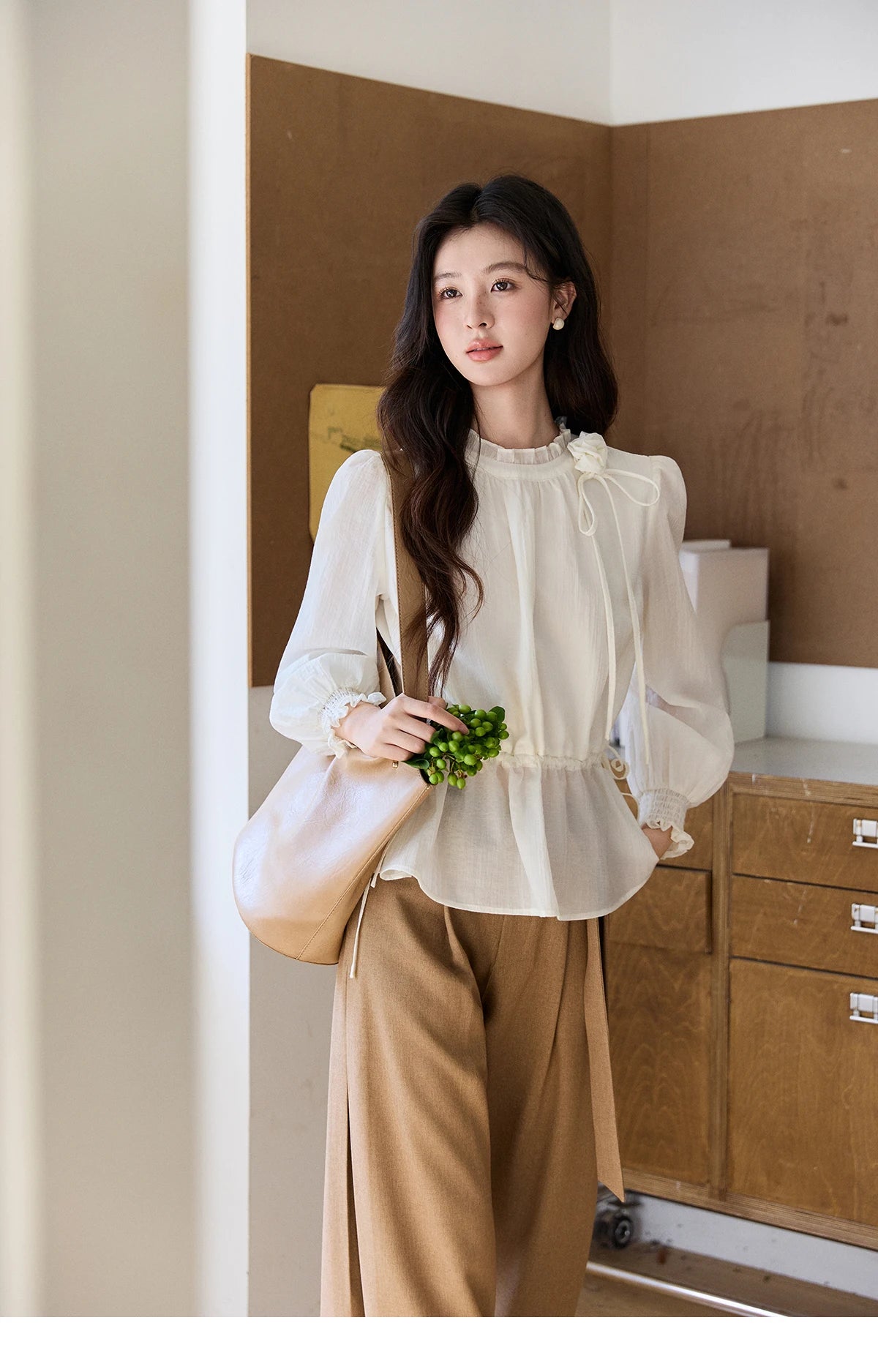 MISHOW Ruffled Stand Collar Blouse Drawstring Waist Puff Sleeve MXF11C2428