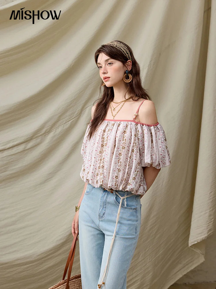 MISHOW One-Shoulder Floral Blouse Short Sleeve Contrast MXE31X1767