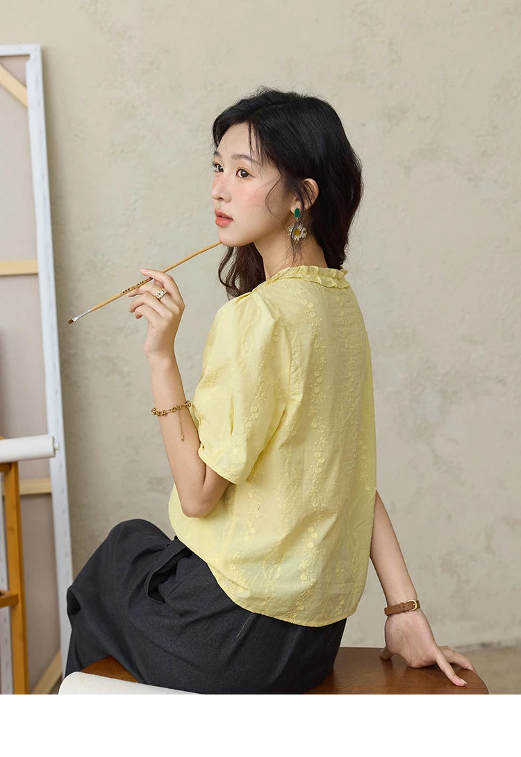MISHOW 100% Cotton Puff Sleeve Shirt Round Neck Button MXE36X1873