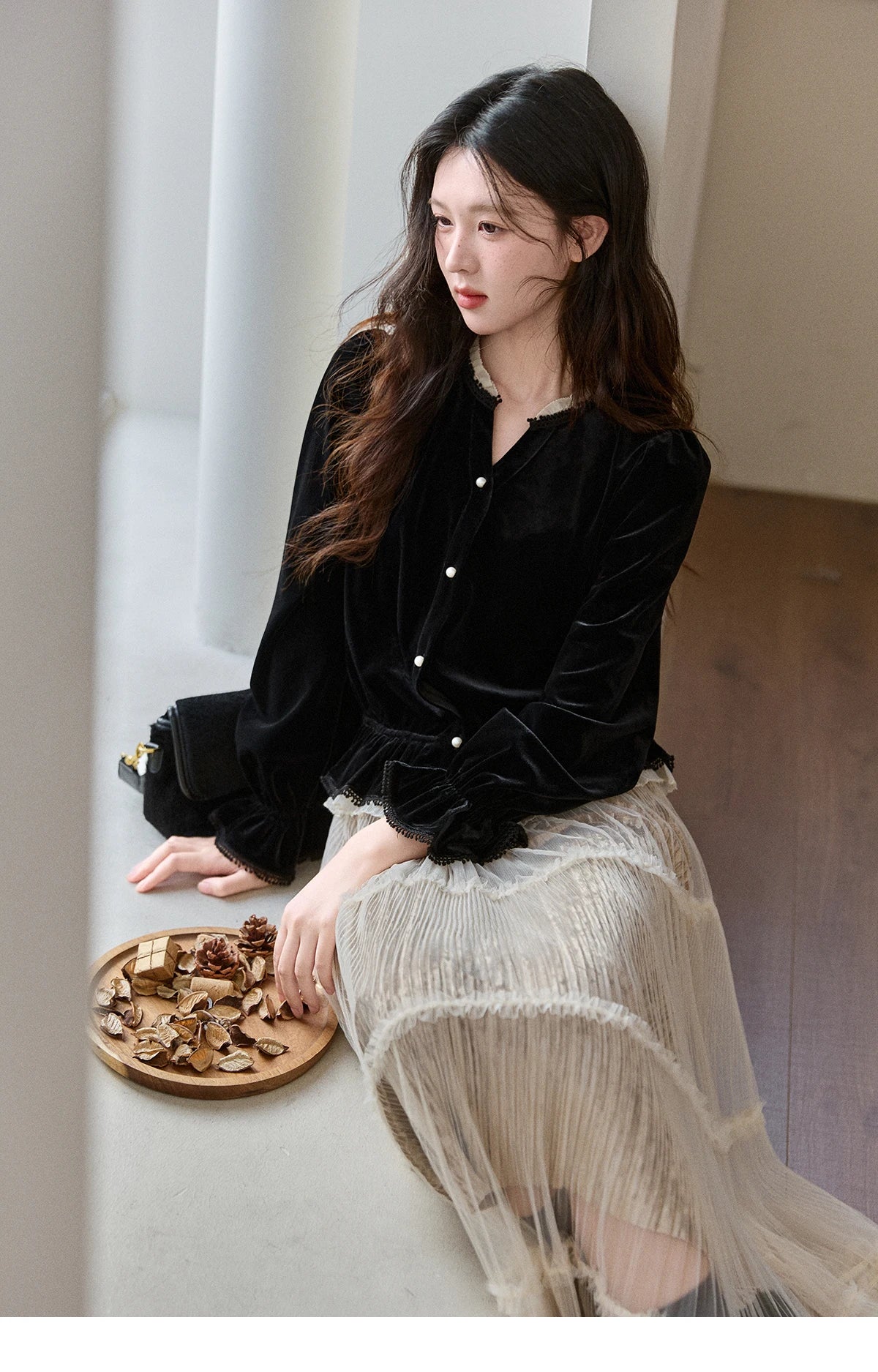 Mishow Black Velvet Lace Pearl Button Puff Sleeve Shirt MXE94X2516