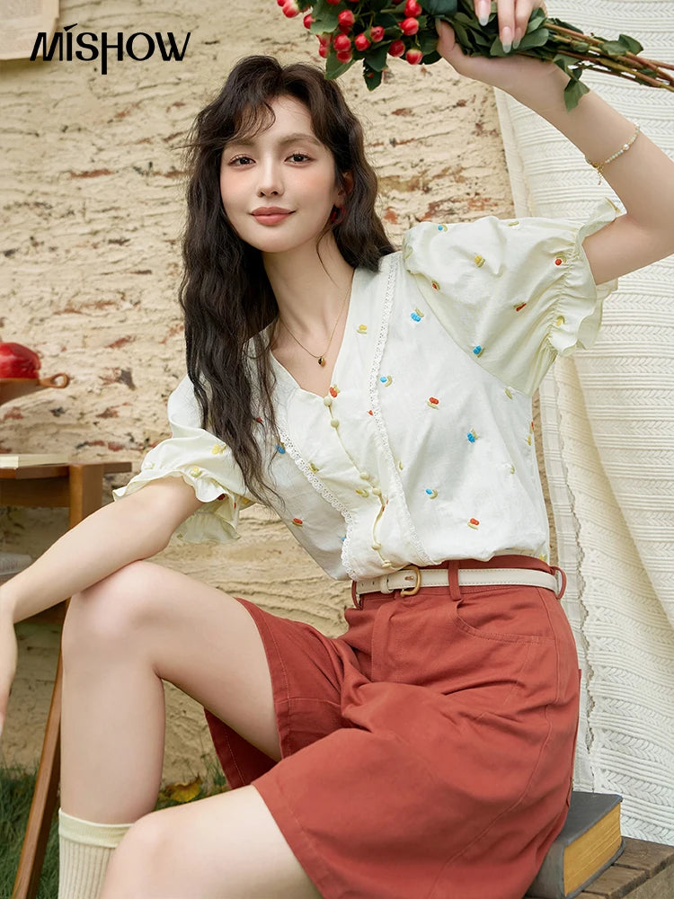 MISHOW 100% Cotton Square Neck Blouse Embroidered Lace Patchwork Puff Sleeve MXD22X1420