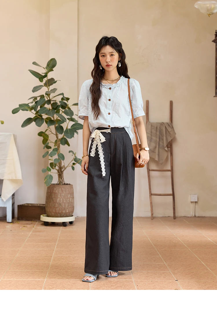 MISHOW 100% Cotton Puff Sleeve Shirt Round Neck Button MXE36X1873