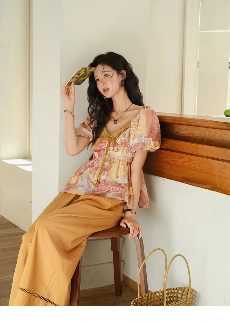 MISHOW V-Neck Lace Up Patchwork Blouse Puff Sleeve Floral Print MXE38X1911
