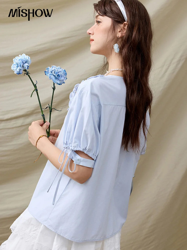 MISHOW Solid V-Neck Blouse Embroidered Loose Short Sleeve MXE31X1774