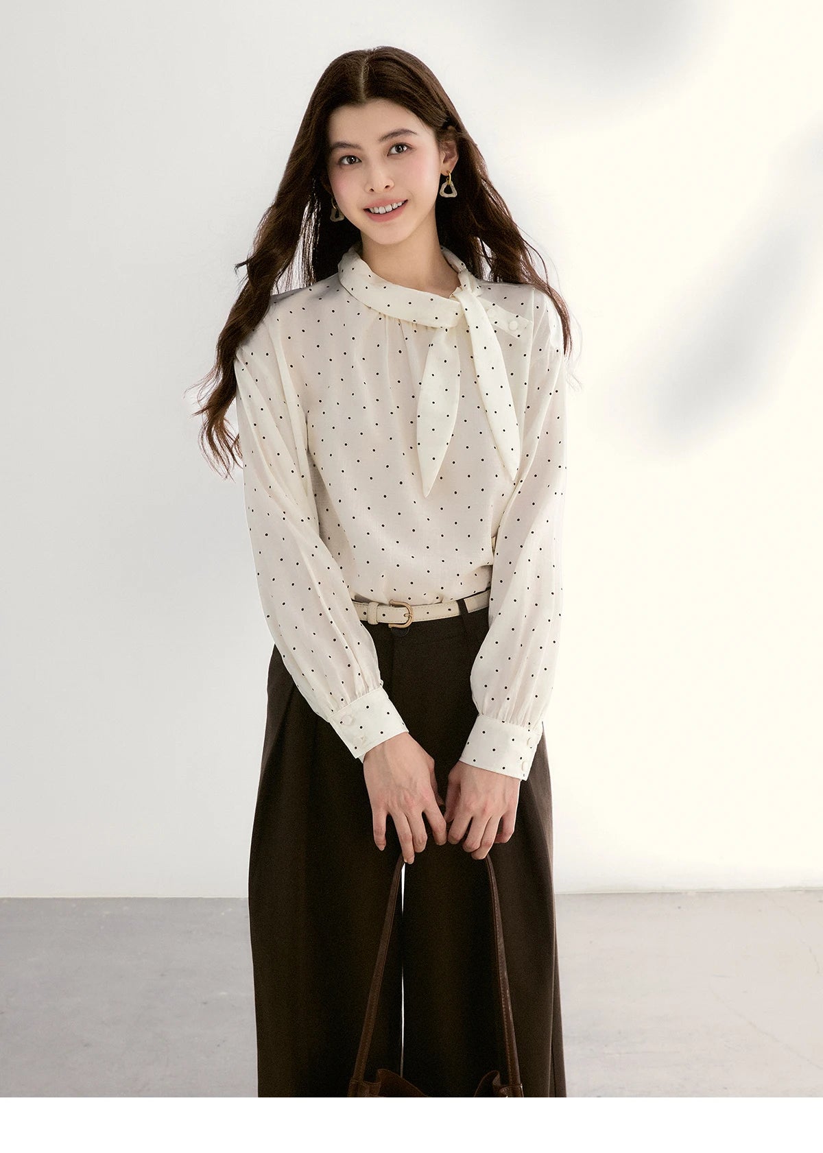 MISHOW White Polka Dot Blouse Bow Tie Neck Sheer MXF13X2531