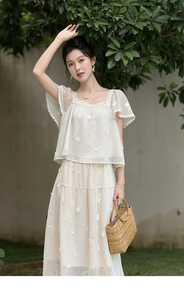 MISHOW Butterfly Flying Sleeve Blouse & Elastic Waist Skirt Set MXD29X1559