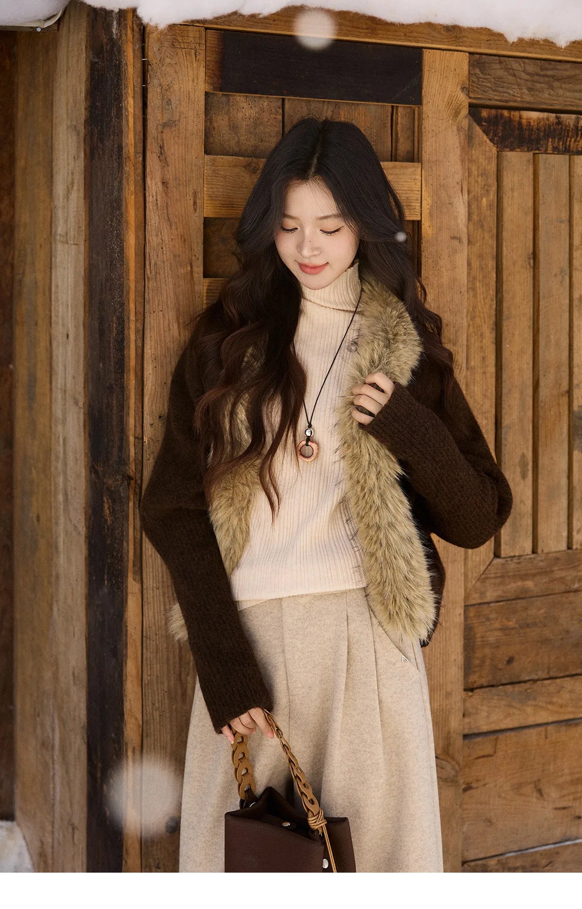 MISHOW Brown Knitted Cardigan Faux Fur Collar Batwing Sleeve MXE94Z2954