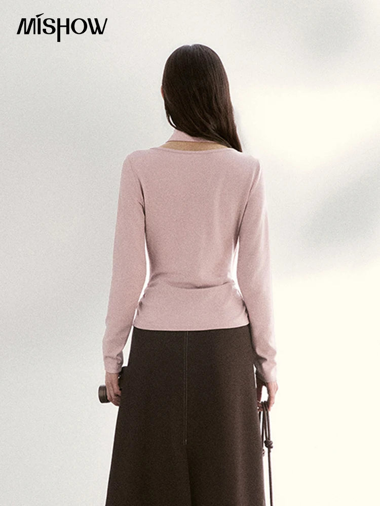 Mishow Pink Scarf Neck Color Collision Bead Top MXF108Z1025