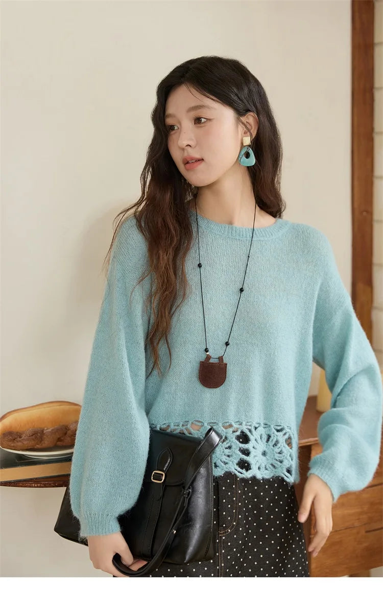 Mishow French Hollow Out Floral O-Neck Sweater MXE44Z2491
