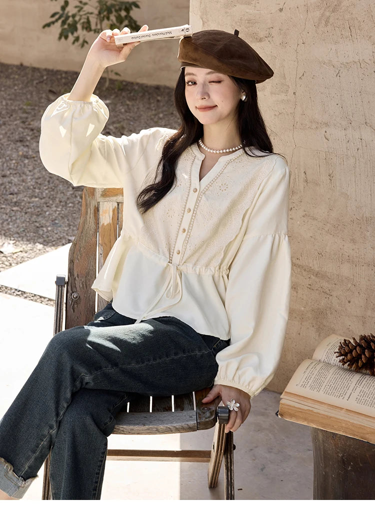 MISHOW French V-Neck Blouse Lace Lantern Sleeve Drawstring Waist MXD45X1660