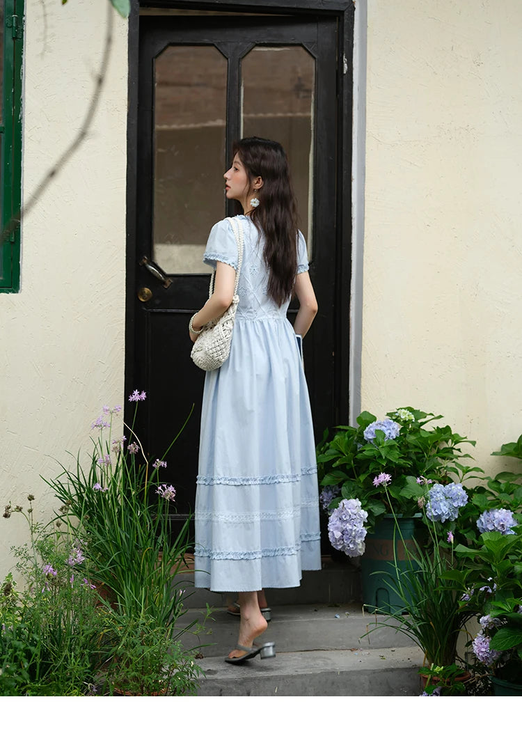 Mishow Blue Lace Mushroom Edge Puff Sleeve Dress MXE38L2348