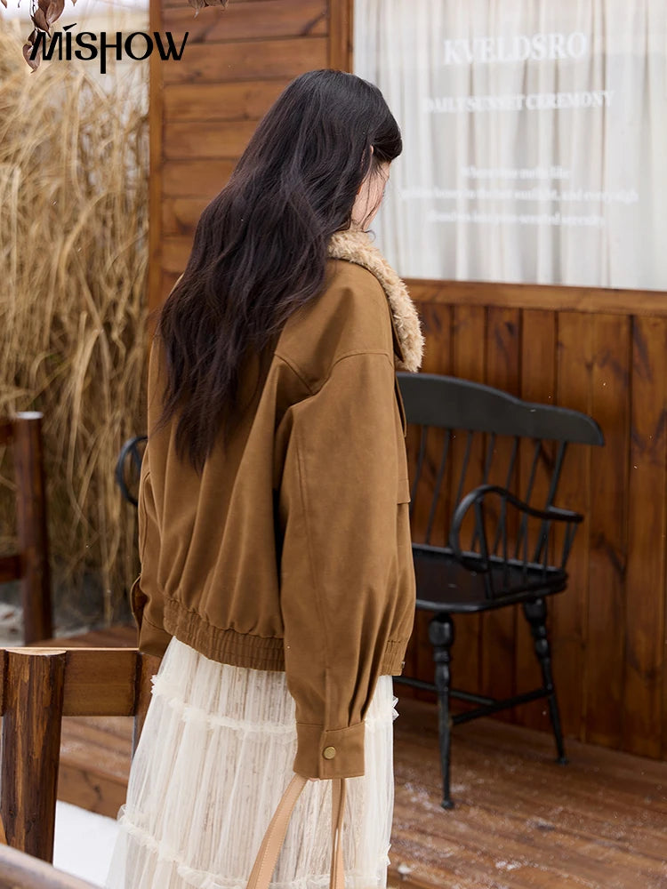 MISHOW Brown Suede Jacket Detachable Fur Collar Zipper MXE51W0876