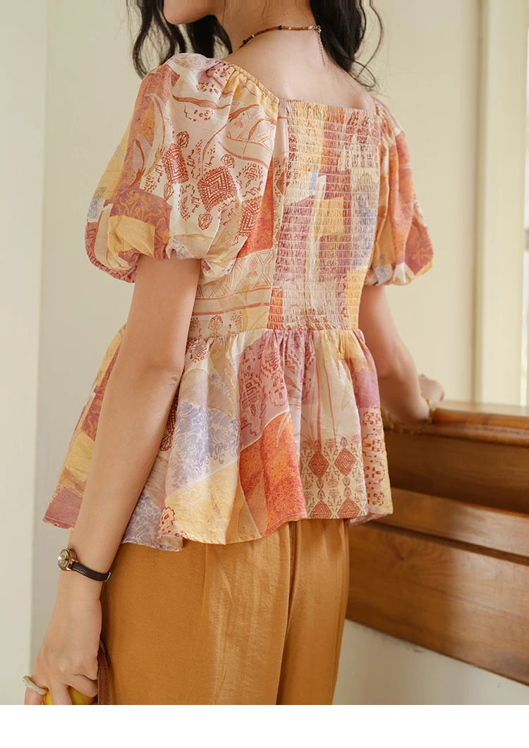 MISHOW V-Neck Lace Up Patchwork Blouse Puff Sleeve Floral Print MXE38X1911