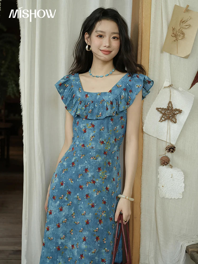 MISHOW Floral V-Neck Lace-Up Flying Sleeve Dress MXE39L2436