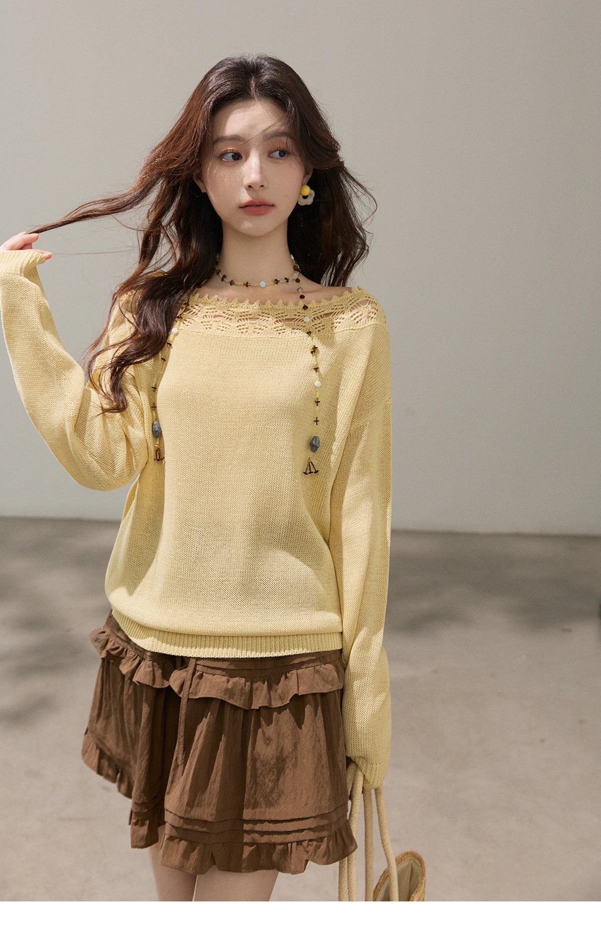 Mishow Yellow Hollow Lace Trim Boat Neck Sweater MXF15Z3050