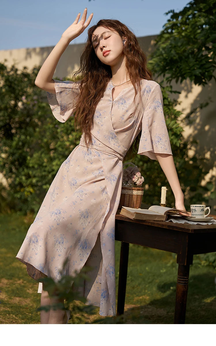 Mishow French Floral Puff Sleeve Lace-Up Dress MXC38L1413